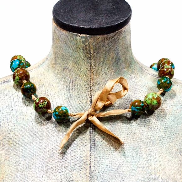 VTG 90's Chunky Glazed Ceramic Ribbon Necklace - Picture 2 of 2